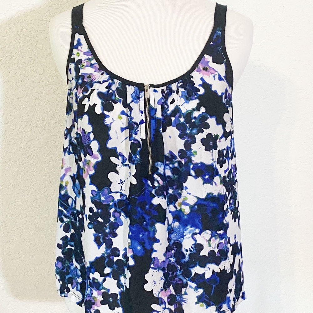 Express Tank Top S Floral Blue Black Zip Detail